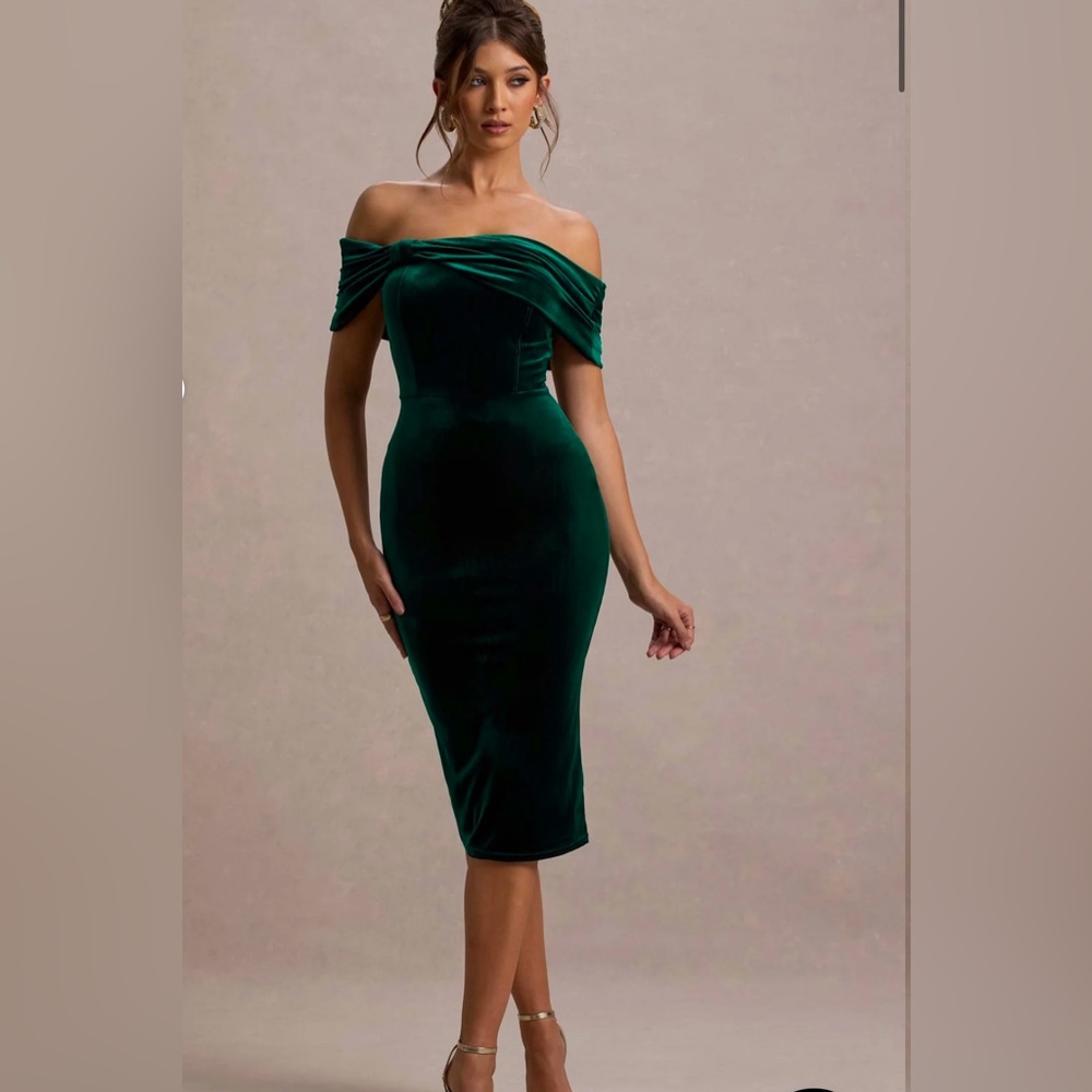 GREEN VELVET BARDOT BOW DETAIL MIDI DRESS